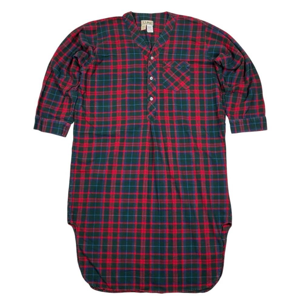 Vintage 90s LL Bean Plaid Flannel Sleep Night Shirt Red Green & Blue USA Made